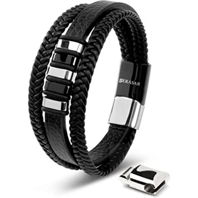 SERASAR Bracelet Cuir Homme, Cuir, en pour Homme Reglable Accessoires Cadeau Bijoux Anniversaire Noir/Argent 20cm - Publicité SERASAR Bracelet Cuir Homme, Cuir, en pour Homme Reglable Accessoires Cadeau Bijoux Anniversaire Noir/Argent 20cm - Publicité