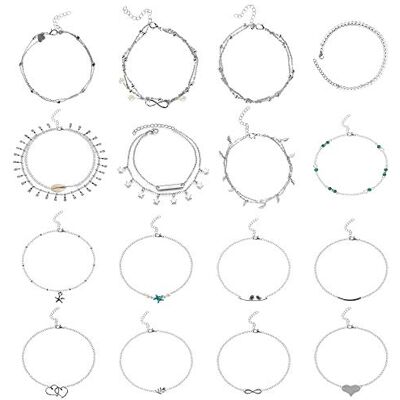 Heqishun Bracelets de Cheville 16 Pcs Chaînes de Cheville pour Femmes Bracelet de Pied en Argent Bracelets de Cheville Réglables Bijoux de Cheville de Plage (16 Styles) - Publicité Heqishun Bracelets de Cheville 16 Pcs Chaînes de Cheville pour Femmes Bracelet de Pied en Argent Bracelets de Cheville Réglables Bijoux de Cheville de Plage (16 Styles) - Publicité