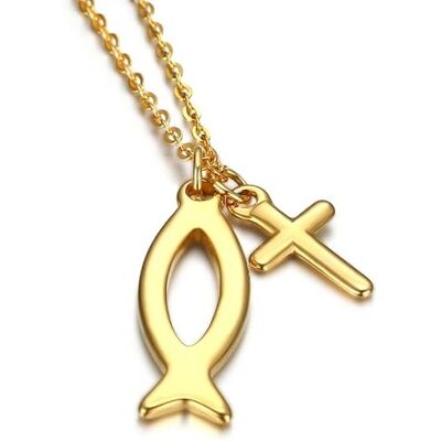 BOBIJOO Jewelry Pendentif Ensemble Croix et Ichthus Poisson Jesus Acier Or Collier Chaîne Gispy Baptême - Publicité BOBIJOO Jewelry Pendentif Ensemble Croix et Ichthus Poisson Jesus Acier Or Collier Chaîne Gispy Baptême - Publicité
