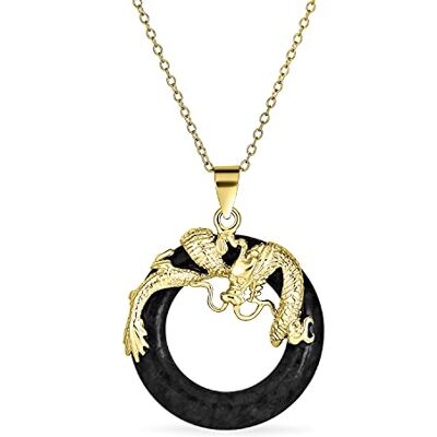 Bling Jewelry Collier Pour Femmes En Argent Sterling Plaqué 14K Or Jaune Avec Pendentif Dragon En Onyx Noir En Forme De Ronde Et De Cercle Ouvert. Publicité Bling Jewelry Collier Pour Femmes En Argent Sterling Plaqué 14K Or Jaune Avec Pendentif Dragon En Onyx Noir En Forme De Ronde Et De Cercle Ouvert. Publicité
