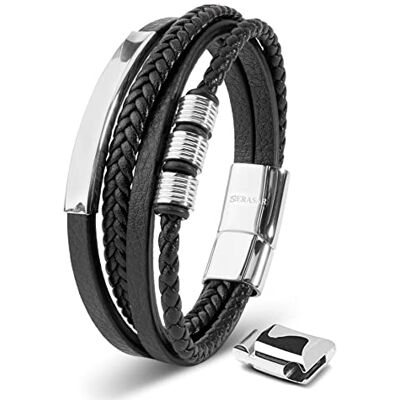 SERASAR Bracelet Argent 17cm Cuir Homme Bras Bijou Chaîne Tressé Wrap - Publicité SERASAR Bracelet Argent 17cm Cuir Homme Bras Bijou Chaîne Tressé Wrap - Publicité