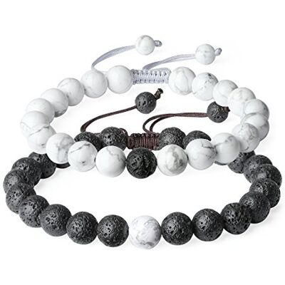 COAI Bracelet Couple Pierres Véritables Pierre de Lave Howlite Cordon Ajustable - Publicité COAI Bracelet Couple Pierres Véritables Pierre de Lave Howlite Cordon Ajustable - Publicité