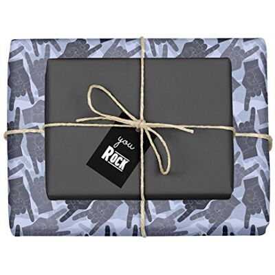 dabelino Lot de 4 rouleaux de papier cadeau Rock n Roll, fourchette à frites, main en métal (bicolore noir/gris/bleu) avec pendentif (pour les fans de rock, musiciens, hommes, femmes, humour, drôle. Publicité dabelino Lot de 4 rouleaux de papier cadeau Rock n Roll, fourchette à frites, main en métal (bicolore noir/gris/bleu) avec pendentif (pour les fans de rock, musiciens, hommes, femmes, humour, drôle. Publicité