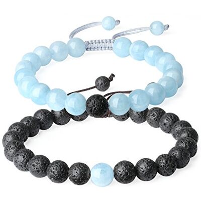 COAI Bracelet Couple Pierres Véritables Pierre de Lave Aigue-Marine Cordon Ajustable - Publicité COAI Bracelet Couple Pierres Véritables Pierre de Lave Aigue-Marine Cordon Ajustable - Publicité