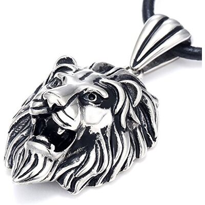 DonDon Collier Homme en Cuir avec Pendentif Lion en Acier Inoxydable dans Une Pochette en Velours - Publicité DonDon Collier Homme en Cuir avec Pendentif Lion en Acier Inoxydable dans Une Pochette en Velours - Publicité