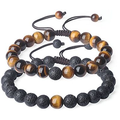 COAI Bracelet Couple Pierres Véritables Pierre de Lave Œil de Tigre Jaune Cordon Ajustable - Publicité COAI Bracelet Couple Pierres Véritables Pierre de Lave Œil de Tigre Jaune Cordon Ajustable - Publicité