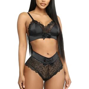 NewBull Ensemble de lingerie à jarretelles pour femme Dentelle sexy satin épissé Lingerie érotique Col en V Soutien-gorge réglable + slip taille haute Deux pièces Babydoll avec nœud, Noir - Publicité NewBull Ensemble de lingerie à jarretelles pour femme Dentelle sexy satin épissé Lingerie érotique Col en V Soutien-gorge réglable + slip taille haute Deux pièces Babydoll avec nœud, Noir - Publicité
