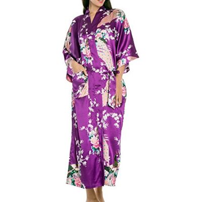 FEOYA Peignoir Femme Imprimé Paon Fleur en Soie Artificielle Robe de Chambre Longue Style de Kimono Violet Taille L - Publicité FEOYA Peignoir Femme Imprimé Paon Fleur en Soie Artificielle Robe de Chambre Longue Style de Kimono Violet Taille L - Publicité