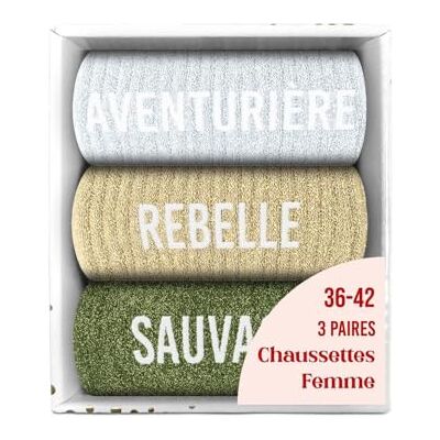 STC Générique Coffret trio chaussettes paillettes aventurière, rebelle, sauavge 3 paires- Multicolore- 36-42 - Publicité STC Générique Coffret trio chaussettes paillettes aventurière, rebelle, sauavge 3 paires- Multicolore- 36-42 - Publicité