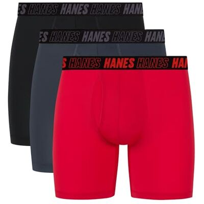 Hanes Men's Moves Performance Boxer Brief, Total Support Pouch, Regular/Trunk/Long Leg, 3-Pack, 6", Red/Grey/Black - Publicité Hanes Men's Moves Performance Boxer Brief, Total Support Pouch, Regular/Trunk/Long Leg, 3-Pack, 6", Red/Grey/Black - Publicité
