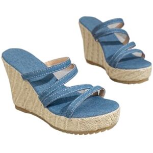 PBHGMGEBLV Sandales compensées à plateforme épaisse for femmes, sandales de plage d'été en denim bleu for femmes(Blue2,37EU) - Publicité PBHGMGEBLV Sandales compensées à plateforme épaisse for femmes, sandales de plage d'été en denim bleu for femmes(Blue2,37EU) - Publicité