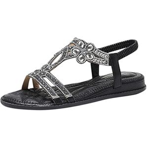 Générique Sandales Femmes Habillées D'été Plat Strass Fleur en Cuir Bohème Sandales T-Strap Élastique Bride À La Cheville Bout Ouvert Chaussures De Plage Cristal Floral Casual Chaussures (Noir, 40) - Publicité