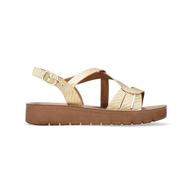 BOSANOVA Sandales pour femme composées de bandes sur le dessus avec effet tressé et semelle compensée de 3 cm. Fermeture avec boucle métallique. Chaussures pour femme, or, 39 EU - Publicité BOSANOVA Sandales pour femme composées de bandes sur le dessus avec effet tressé et semelle compensée de 3 cm. Fermeture avec boucle métallique. Chaussures pour femme, or, 39 EU - Publicité