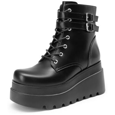 DREAM PAIRS Bottines de moto à talons hauts et à lacets pour femme., Polyuréthane noir., 38 EU - Publicité DREAM PAIRS Bottines de moto à talons hauts et à lacets pour femme., Polyuréthane noir., 38 EU - Publicité