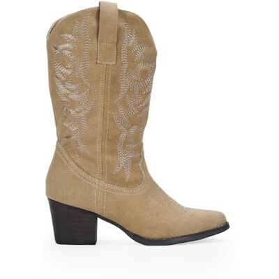 BOSANOVA Bottes cowboy pour femme en daim avec détails de coutures sur ton, tige de 28,5 cm et talon bloc de 5,5 cm. Fermeture éclair. Chaussures pour femme, Sable, 41 EU - Publicité BOSANOVA Bottes cowboy pour femme en daim avec détails de coutures sur ton, tige de 28,5 cm et talon bloc de 5,5 cm. Fermeture éclair. Chaussures pour femme, Sable, 41 EU - Publicité