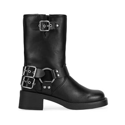 BOSANOVA Bottines de style motard fabriquées avec détail d'œillet métallique, boucles décoratives sur la tige et semelle plate avec talon léger de 4,7 cm. Fermeture éclair. Chaussures pour femme, Noir - Publicité BOSANOVA Bottines de style motard fabriquées avec détail d'œillet métallique, boucles décoratives sur la tige et semelle plate avec talon léger de 4,7 cm. Fermeture éclair. Chaussures pour femme, Noir - Publicité
