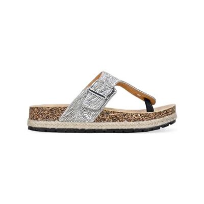 BOSANOVA Sandales à doigts avec strass et pierres, boucle réglable et semelle bio en liège avec sparthe. Chaussures pour femme, argent métallique, 38 EU - Publicité BOSANOVA Sandales à doigts avec strass et pierres, boucle réglable et semelle bio en liège avec sparthe. Chaussures pour femme, argent métallique, 38 EU - Publicité