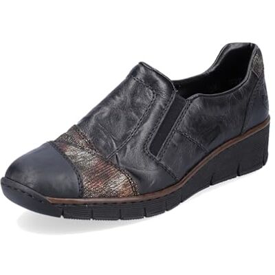 Rieker Mocassins en Cuir Noir à Semelle Semi-compensée et Talon Plat avec empiècements en Cuir cuivré - Publicité Rieker Mocassins en Cuir Noir à Semelle Semi-compensée et Talon Plat avec empiècements en Cuir cuivré - Publicité