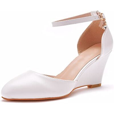 HIKKWXVN Escarpins à Talons compensés de 3 Pouces pour Femmes, Chaussures à Bout fermé, pour Robe de mariée, Chaussures de soirée Blanches - Publicité HIKKWXVN Escarpins à Talons compensés de 3 Pouces pour Femmes, Chaussures à Bout fermé, pour Robe de mariée, Chaussures de soirée Blanches - Publicité