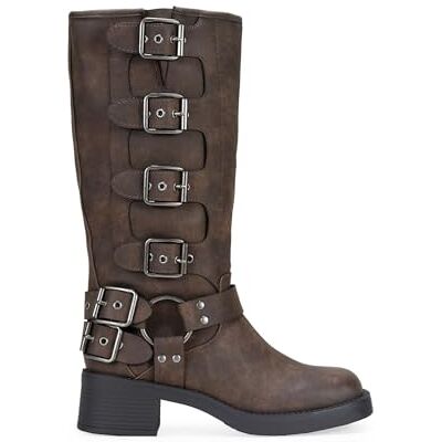 BOSANOVA Bottes hautes de style motard fabriquées avec détail d'anneau métallique et boucles décoratives sur la tige et semelle plate avec talon léger de 4,7 cm sans fermeture. Chaussures pour femme, - Publicité BOSANOVA Bottes hautes de style motard fabriquées avec détail d'anneau métallique et boucles décoratives sur la tige et semelle plate avec talon léger de 4,7 cm sans fermeture. Chaussures pour femme, - Publicité