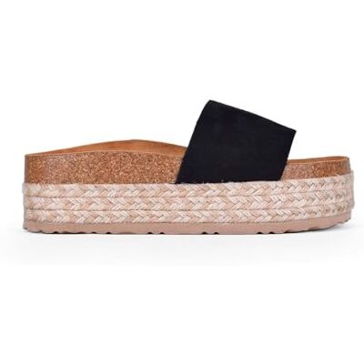 BOSANOVA Sandales style raquette en daim avec une large bande sur le cou-de-pied, semelle bio en liège et plateforme en sparte bicolore. Chaussures pour femme, Noir , 41 EU - Publicité BOSANOVA Sandales style raquette en daim avec une large bande sur le cou-de-pied, semelle bio en liège et plateforme en sparte bicolore. Chaussures pour femme, Noir , 41 EU - Publicité