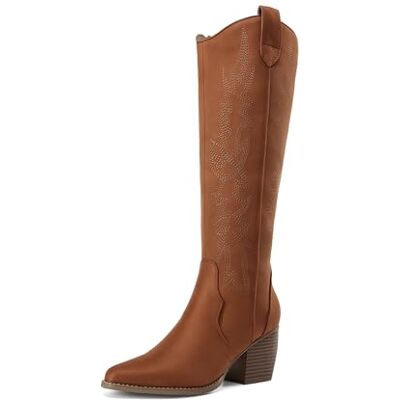 DREAM PAIRS Bottes de cowboy larges et confortables à enfiler avec fermeture éclair et talon épais et bout pointu brodé Western Cowgirl Bottes hautes rétro pour femme, marron, 39.5 EU - Publicité DREAM PAIRS Bottes de cowboy larges et confortables à enfiler avec fermeture éclair et talon épais et bout pointu brodé Western Cowgirl Bottes hautes rétro pour femme, marron, 39.5 EU - Publicité