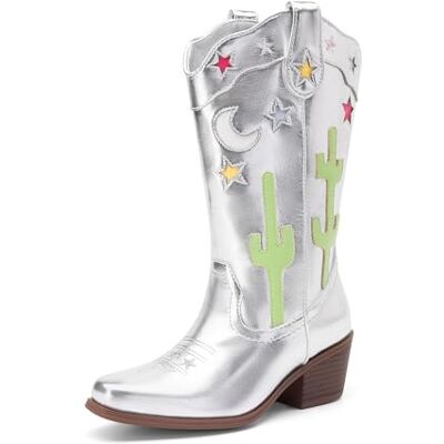 DREAM PAIRS Bottes de cowboy mi-mollet pour filles avec talon bas et bout carré pour petit enfant/grand enfant, Argenté, 37 EU - Publicité DREAM PAIRS Bottes de cowboy mi-mollet pour filles avec talon bas et bout carré pour petit enfant/grand enfant, Argenté, 37 EU - Publicité