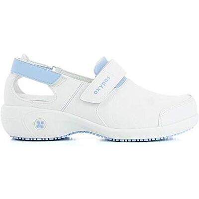 Oxypas Chaussures de Travail en Cuir Salma Sabot de Sécurité pour Femmes, Chaussures Antidérapantes et Confortables, idéales pour l'Hôpital et Les Soins, Bleu, 36 EU - Publicité Oxypas Chaussures de Travail en Cuir Salma Sabot de Sécurité pour Femmes, Chaussures Antidérapantes et Confortables, idéales pour l'Hôpital et Les Soins, Bleu, 36 EU - Publicité