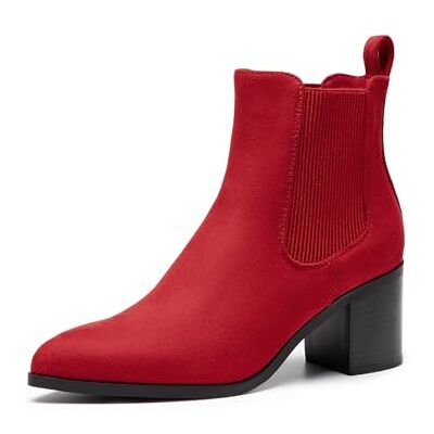 DREAM PAIRS Bottines Chelsea à bout pointu et talon épais pour femme, Daim rouge, 5.5 - Publicité DREAM PAIRS Bottines Chelsea à bout pointu et talon épais pour femme, Daim rouge, 5.5 - Publicité
