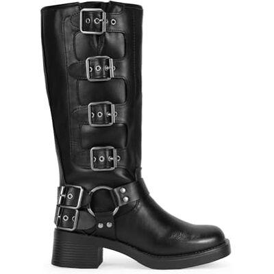 BOSANOVA Bottes hautes faites avec détail d'anneau métallique et boucles décoratives sur la canne et semelle plate avec talon léger de 4,7 cm sans fermeture. Chaussures pour femmes, Noir , 40 EU - Publicité BOSANOVA Bottes hautes faites avec détail d'anneau métallique et boucles décoratives sur la canne et semelle plate avec talon léger de 4,7 cm sans fermeture. Chaussures pour femmes, Noir , 40 EU - Publicité