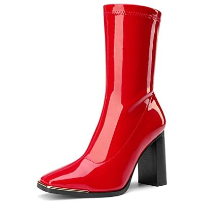 DREAM PAIRS Bottes mi-mollets pour femme Tige en polyuréthane Pointe carrée, rouge, 40 EU - Publicité DREAM PAIRS Bottes mi-mollets pour femme Tige en polyuréthane Pointe carrée, rouge, 40 EU - Publicité