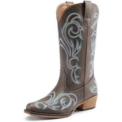 DREAM PAIRS Bottes de cowboy mi-mollet pour femme Bout carré Talon épais Broderie Bottes western, marron, 39 EU - Publicité DREAM PAIRS Bottes de cowboy mi-mollet pour femme Bout carré Talon épais Broderie Bottes western, marron, 39 EU - Publicité