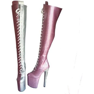 denova's Bottes pour femmes à talons très hauts de 7.9 pouces avec plateforme vernie, à lacets, pour danse sur poteau, montantes jusqu'au genou avec fermeture éclair, 43 EU - Publicité denova's Bottes pour femmes à talons très hauts de 7.9 pouces avec plateforme vernie, à lacets, pour danse sur poteau, montantes jusqu'au genou avec fermeture éclair, 43 EU - Publicité