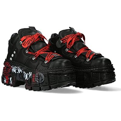 New Rock Bottes Unisexe Semelle Tank avec Lacets Rouges et Détails Graphiques Couleur Noir Cuir/Unisexe Black Boots Leather Shoelaces , Noir , 44 EU - Publicité New Rock Bottes Unisexe Semelle Tank avec Lacets Rouges et Détails Graphiques Couleur Noir Cuir/Unisexe Black Boots Leather Shoelaces , Noir , 44 EU - Publicité