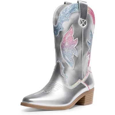 DREAM PAIRS Bottes de cowgirl cowboy pour filles, bottes mi-mollet, Argenté, 37 EU - Publicité DREAM PAIRS Bottes de cowgirl cowboy pour filles, bottes mi-mollet, Argenté, 37 EU - Publicité
