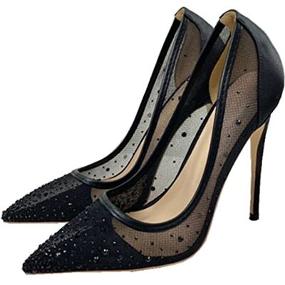 WOkismD Femmes Respirant Mesh Strass Stilettos Talon Haut Fermé Pointu Toe Slip on Pumps 4.7 Pouces / 12cm Classique Robe De Soirée De Mariage Chaussures,Noir,43 - Publicité WOkismD Femmes Respirant Mesh Strass Stilettos Talon Haut Fermé Pointu Toe Slip on Pumps 4.7 Pouces / 12cm Classique Robe De Soirée De Mariage Chaussures,Noir,43 - Publicité