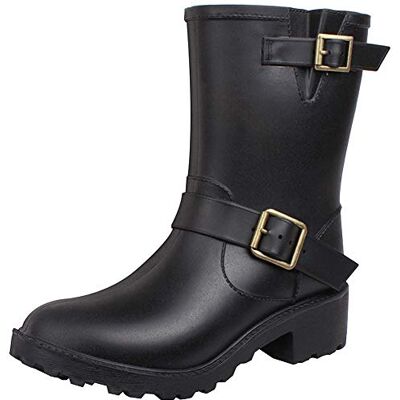 ANUFER Femmes Talon Chunky Ajustable Boucle Slip-on Bottes de Pluie Mi-Mollet Wellington Bottes Noir SN01009 EU38 - Publicité ANUFER Femmes Talon Chunky Ajustable Boucle Slip-on Bottes de Pluie Mi-Mollet Wellington Bottes Noir SN01009 EU38 - Publicité