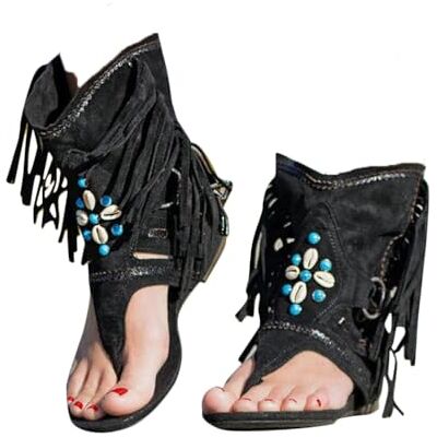 Minetom Sandales Femmes Plates Chaussures Été Plats Claquettes Bout Ouvert Plage Roman Lacets Franges Bohême Sandales B Noir 42 EU - Publicité Minetom Sandales Femmes Plates Chaussures Été Plats Claquettes Bout Ouvert Plage Roman Lacets Franges Bohême Sandales B Noir 42 EU - Publicité