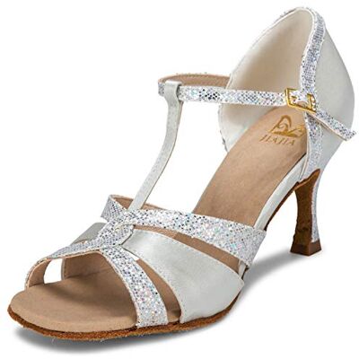 JIAJIA 20519 Sandales pour Femmes 2.7 '' Talon évasé Super Satin Latin Chaussures de Danse Couleur Argent, Taille 38 EU - Publicité JIAJIA 20519 Sandales pour Femmes 2.7 '' Talon évasé Super Satin Latin Chaussures de Danse Couleur Argent, Taille 38 EU - Publicité