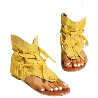 Minetom Sandales Femmes Plates Chaussures Été Plats Claquettes Bout Ouvert Plage Roman Lacets Franges Bohême Sandales A Jaune 39 EU - Publicité Minetom Sandales Femmes Plates Chaussures Été Plats Claquettes Bout Ouvert Plage Roman Lacets Franges Bohême Sandales A Jaune 39 EU - Publicité