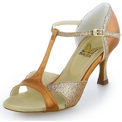 JIAJIA 2055 Sandales pour Femmes 7,5cm Talon évasé Super Satin Latin Chaussures de Danse Couleur Marron, Taille 37 EU - Publicité JIAJIA 2055 Sandales pour Femmes 7,5cm Talon évasé Super Satin Latin Chaussures de Danse Couleur Marron, Taille 37 EU - Publicité