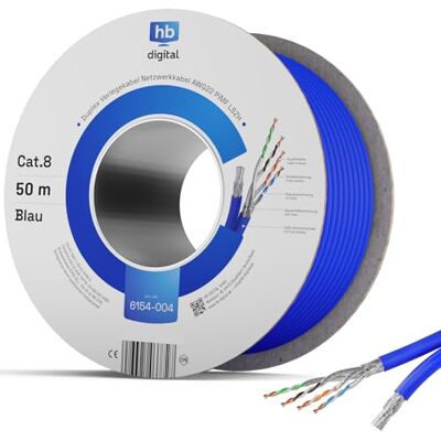 HB-DIGITAL 50m Câble Ethernet CAT 8 S/FTP PiMF CAT8.1, Câble Réseau d’Installation Duplex en Cuivre Massif, 2000MHz, RJ45, LSZH, AWG22 Bleu - Publicité HB-DIGITAL 50m Câble Ethernet CAT 8 S/FTP PiMF CAT8.1, Câble Réseau d’Installation Duplex en Cuivre Massif, 2000MHz, RJ45, LSZH, AWG22 Bleu - Publicité