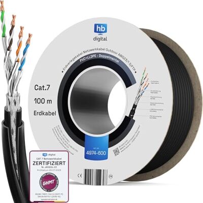 HB-DIGITAL Câble réseau extérieur CAT 7 de 100 m pour enfouissement direct S/FTP AWG23/1 en cuivre pur double gaine PVC + LLDPE UV résistant à l'eau PoE 10 Gbit/s Câble Ethernet pour extérieur Noir - Publicité HB-DIGITAL Câble réseau extérieur CAT 7 de 100 m pour enfouissement direct S/FTP AWG23/1 en cuivre pur double gaine PVC + LLDPE UV résistant à l'eau PoE 10 Gbit/s Câble Ethernet pour extérieur Noir - Publicité