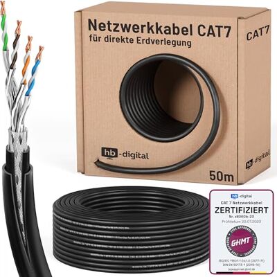 HB-DIGITAL Câble réseau d'extérieur CAT 7 de 50 m pour pose directe à la terre Certifié -GHMT S/FTP AWG23 En cuivre pur Double gaine PVC + LLDPE PoE 10 Gbit/s Câble Ethernet pour l'extérieur - Publicité HB-DIGITAL Câble réseau d'extérieur CAT 7 de 50 m pour pose directe à la terre Certifié -GHMT S/FTP AWG23 En cuivre pur Double gaine PVC + LLDPE PoE 10 Gbit/s Câble Ethernet pour l'extérieur - Publicité