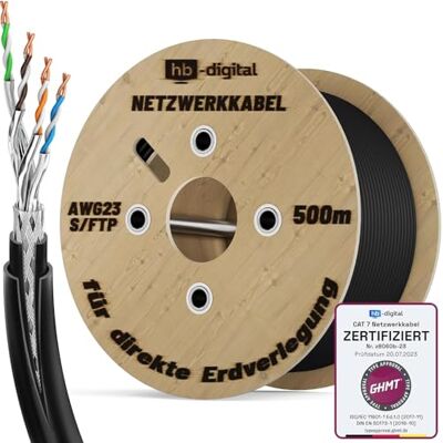 HB-DIGITAL Câble réseau extérieur CAT 7 500 m pour pose directe à la terre S/FTP AWG23/1 en cuivre pur double gaine PVC + LLDPE UV résistant à l'eau PoE 10 Gbit/s Câble Ethernet pour l'extérieur - Publicité HB-DIGITAL Câble réseau extérieur CAT 7 500 m pour pose directe à la terre S/FTP AWG23/1 en cuivre pur double gaine PVC + LLDPE UV résistant à l'eau PoE 10 Gbit/s Câble Ethernet pour l'extérieur - Publicité