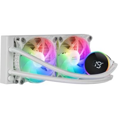 Mars Gaming MLLCD240W, Refroidissement Liquide AIO, TDP 500W, 2x Ventilateurs FDB ARGB 120mm, Écran LCD avec Surveillance Température, Pompe Opti-Chamber 3e Gén., Multisocket Universel, Blanc - Publicité Mars Gaming MLLCD240W, Refroidissement Liquide AIO, TDP 500W, 2x Ventilateurs FDB ARGB 120mm, Écran LCD avec Surveillance Température, Pompe Opti-Chamber 3e Gén., Multisocket Universel, Blanc - Publicité