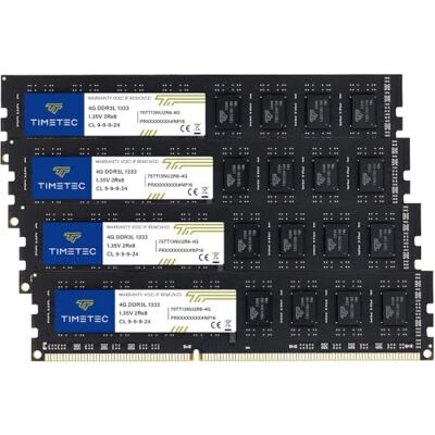 Timetec Lot de 4 barrettes de mémoire RAM 16 Go (4 x 4 Go) DDR3/DDR3L 1333 MHz PC3-10600 sans ECC sans tampon 1,5 V/1,35 V CL9 Dual Rank pour Dell Optiplex 780 DT/MT/SFF et plus encore (4 x 4 Go) - Publicité Timetec Lot de 4 barrettes de mémoire RAM 16 Go (4 x 4 Go) DDR3/DDR3L 1333 MHz PC3-10600 sans ECC sans tampon 1,5 V/1,35 V CL9 Dual Rank pour Dell Optiplex 780 DT/MT/SFF et plus encore (4 x 4 Go) - Publicité