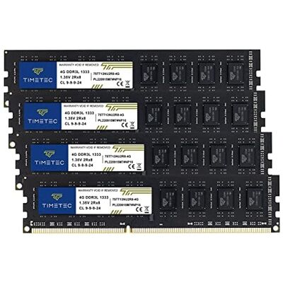 Timetec 16 Go KIT(4x4Go) DDR3 / DDR3L 1333 MHz PC3-10600 Non-ECC Unbuffered 1,5 V / 1,35 V CL9 2Rx8 Faible densité Double rangée 240 Broches UDIMM Module de mémoire RAM pour Ordinateur de Bureau - Publicité Timetec 16 Go KIT(4x4Go) DDR3 / DDR3L 1333 MHz PC3-10600 Non-ECC Unbuffered 1,5 V / 1,35 V CL9 2Rx8 Faible densité Double rangée 240 Broches UDIMM Module de mémoire RAM pour Ordinateur de Bureau - Publicité