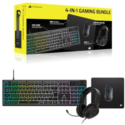 Corsair 4-en-1 Pack Gaming (2026) – Noir Clavier Gaming K55 CORE RGB (AZERTY FR), Casque HS35 v3, Harpoon RGB PRO Souris, MM Medium Anti-Fray Tapis de Souris - Publicité Corsair 4-en-1 Pack Gaming (2026) – Noir Clavier Gaming K55 CORE RGB (AZERTY FR), Casque HS35 v3, Harpoon RGB PRO Souris, MM Medium Anti-Fray Tapis de Souris - Publicité
