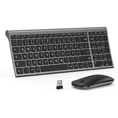 seenda WGJP-031B Ensemble clavier souris sans fil rechargeable en aluminium avec clavier sans fil compact et ultra fin avec souris pour PC/ordinateur portable/Smart TV, disposition QWERTZ (gris) - Publicité seenda WGJP-031B Ensemble clavier souris sans fil rechargeable en aluminium avec clavier sans fil compact et ultra fin avec souris pour PC/ordinateur portable/Smart TV, disposition QWERTZ (gris) - Publicité